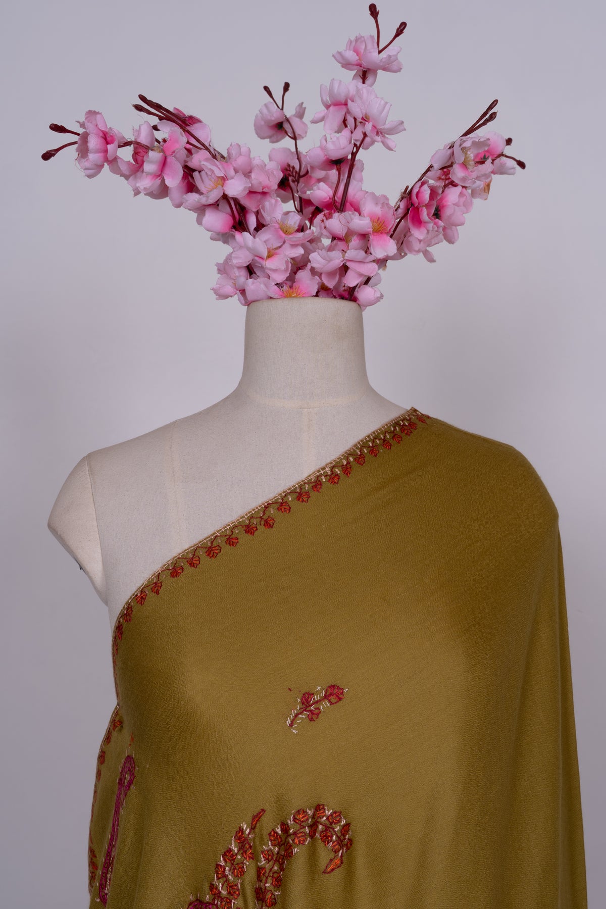 Olive Rose Paisley Accent: Merino Wool Hand Embroidered 2.5 Yards Shawl