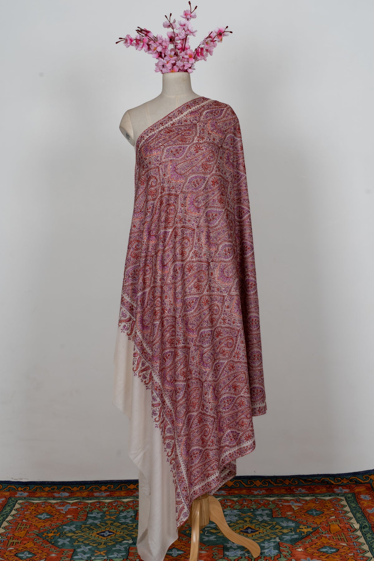 Ivory Rose Paisley Weave: Merino Wool Hand Embroidered 2.5 Yards Jamawar Shawl