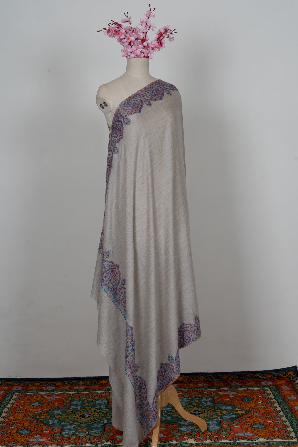 Moonlight Ivory: Merino Wool Hand Embroidered 2.5 Yards Shawl