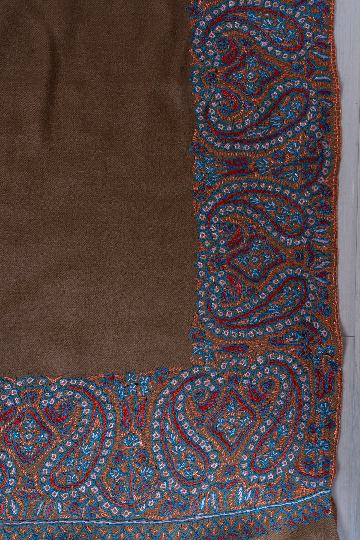 Walnut Royale: Merino Wool Hand Embroidered 2.5 Yards Shawl
