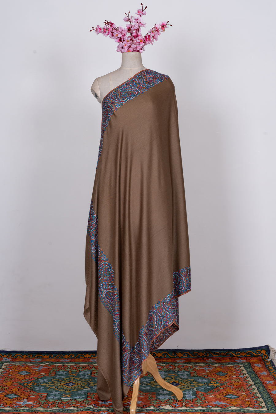 Walnut Royale: Merino Wool Hand Embroidered 2.5 Yards Shawl