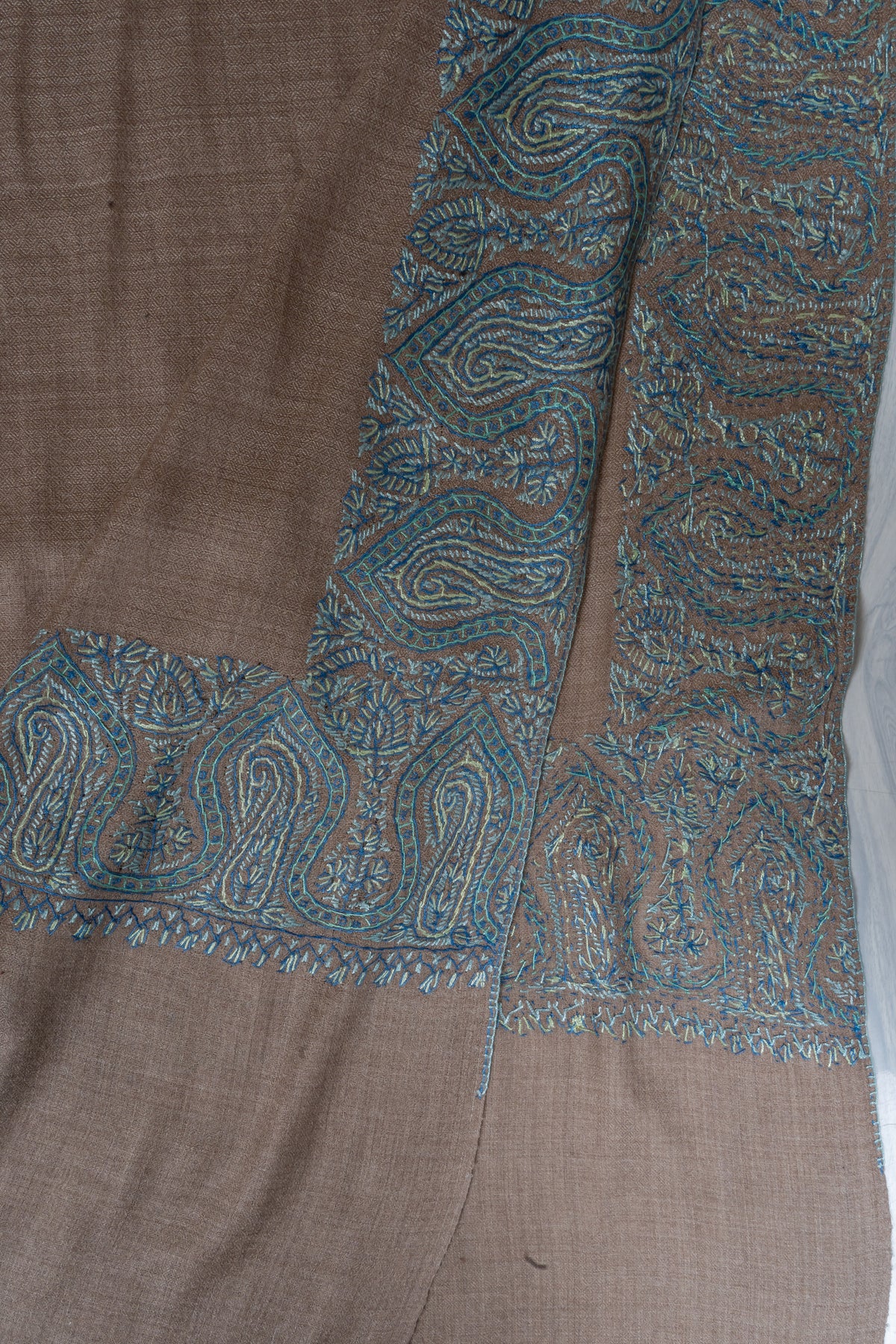 Teal Edge Taupe: Merino Wool Hand Embroidered 2.5 Yards Shawl