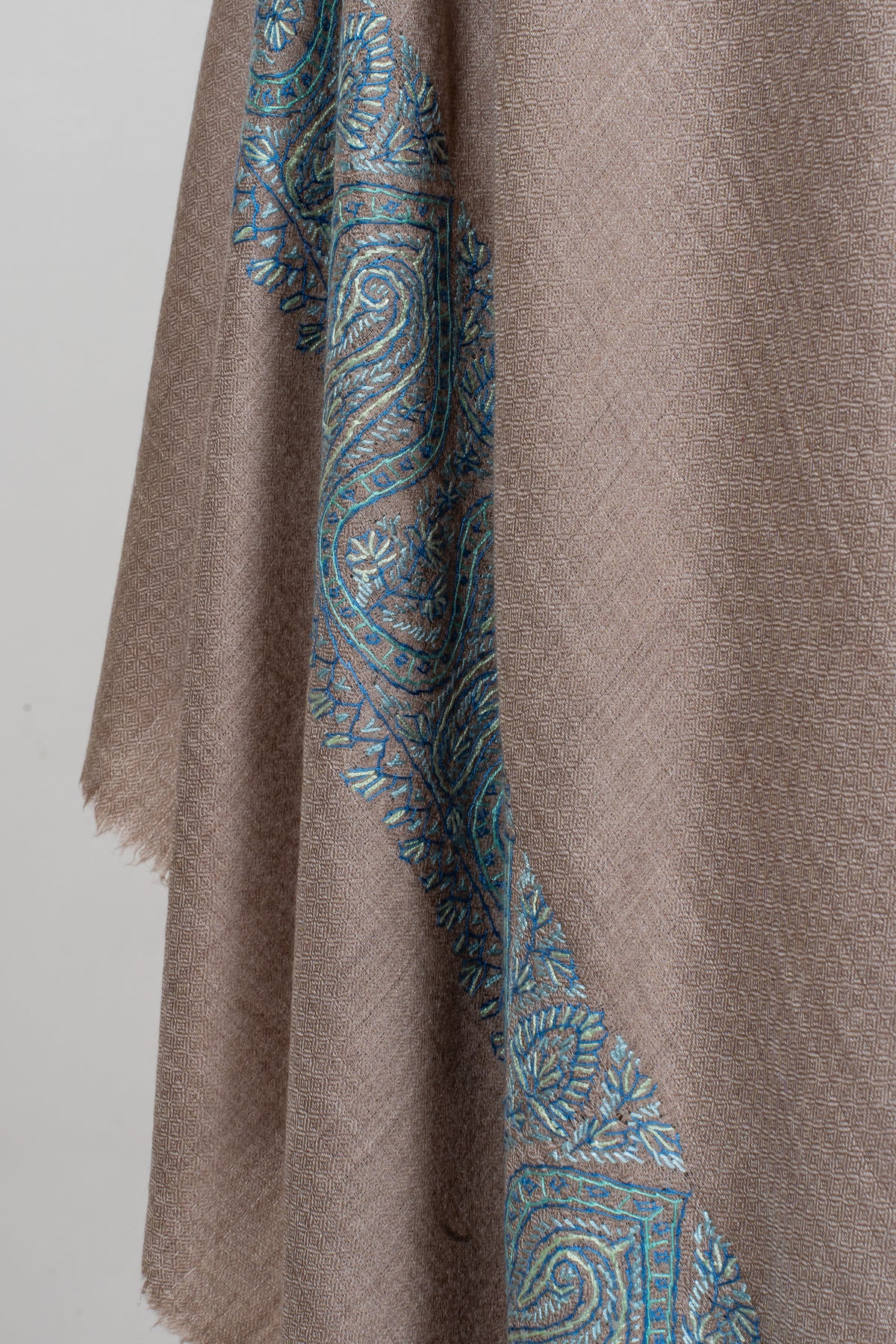 Teal Edge Taupe: Merino Wool Hand Embroidered 2.5 Yards Shawl