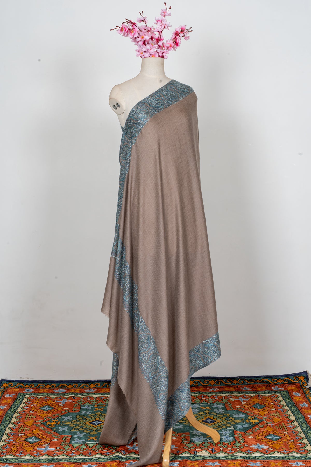 Teal Edge Taupe: Merino Wool Hand Embroidered 2.5 Yards Shawl