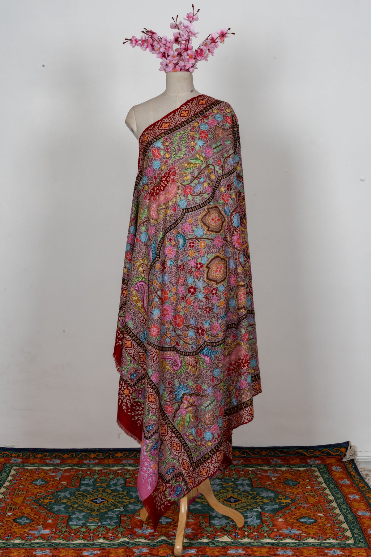 Pure Pashmina Kalamkari Sozni Hand Embroidered 2.5 Yards Shawl