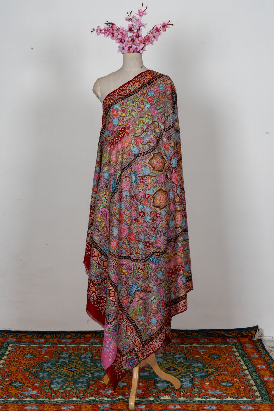 Pure Pashmina Kalamkari Sozni Hand Embroidered 2.5 Yards Shawl: Gulnaar Garden Tapestry
