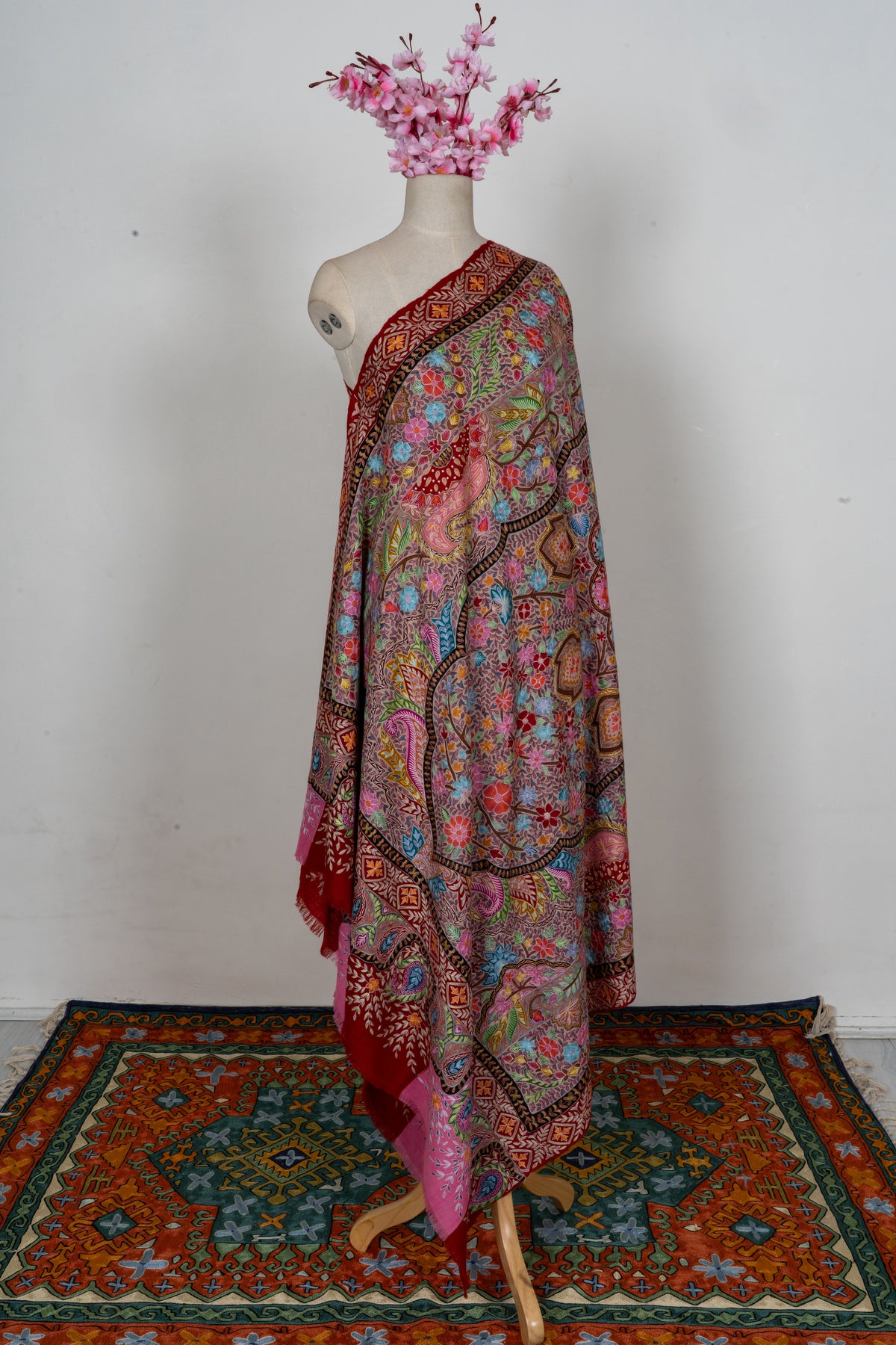 Pure Pashmina Kalamkari Sozni Hand Embroidered 2.5 Yards Shawl
