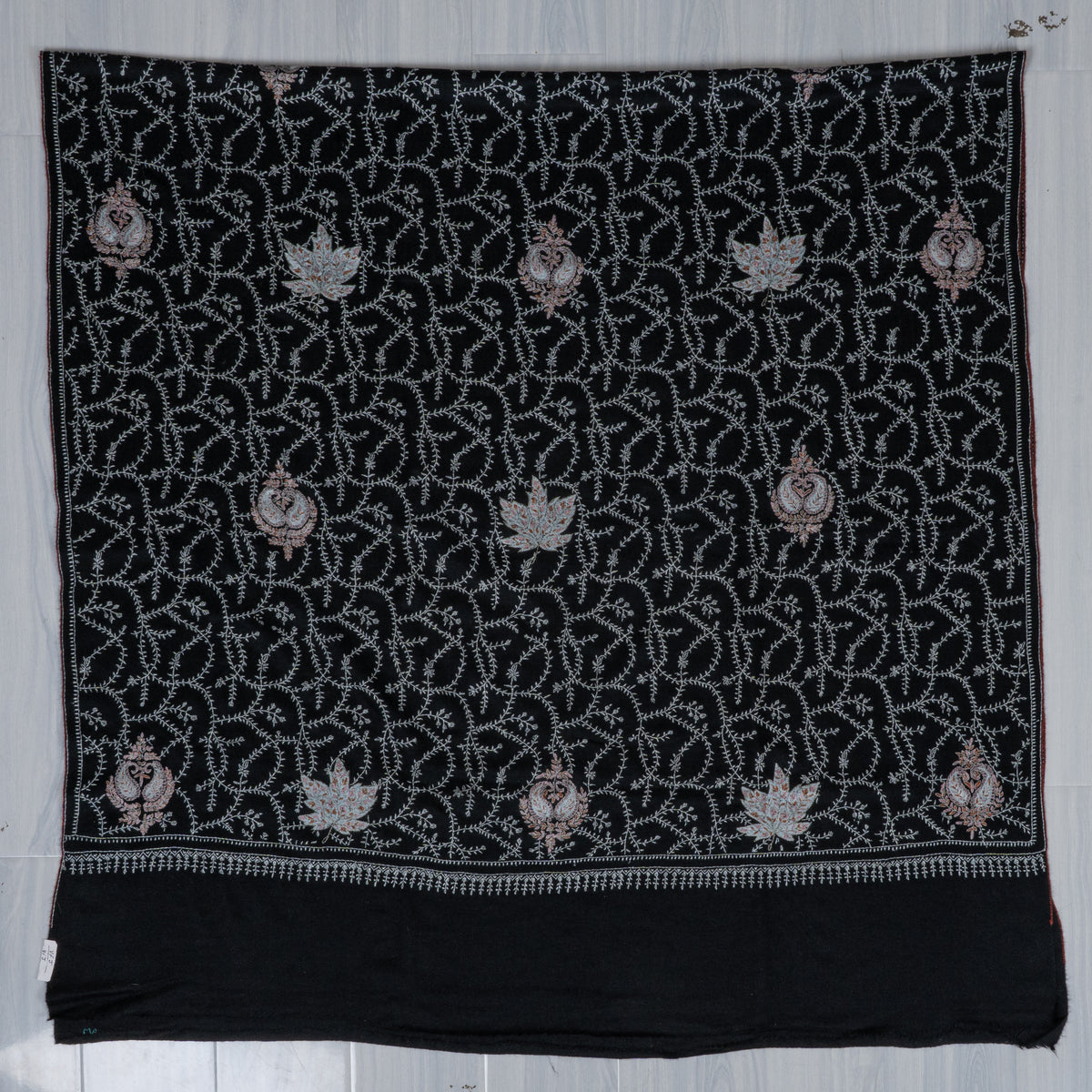 Pure Pashmina Sozni Hand Embroidered 2.5 Yards Shawl: Midnight Vine Elegance
