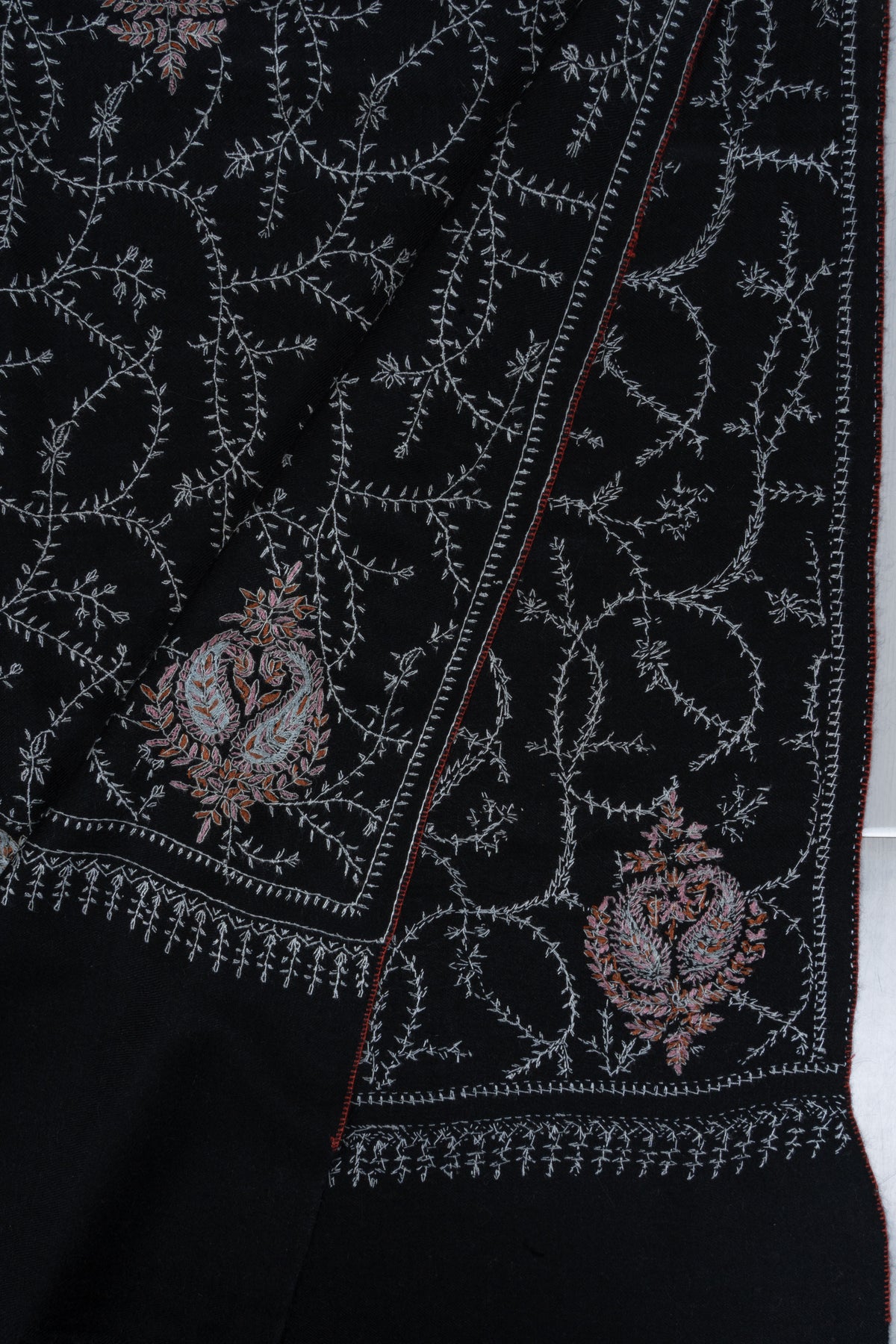 Pure Pashmina Sozni Hand Embroidered 2.5 Yards Shawl: Midnight Vine Elegance