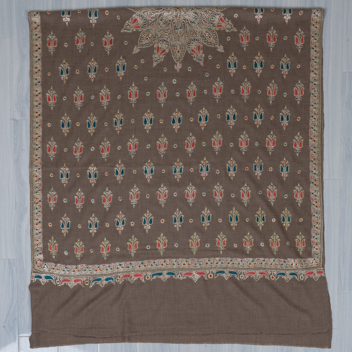 Pure Pashmina Hand Tilla plus Sozni Hand Embroidered 2.5 Yards Shawl: Earthy Blossom Serenity