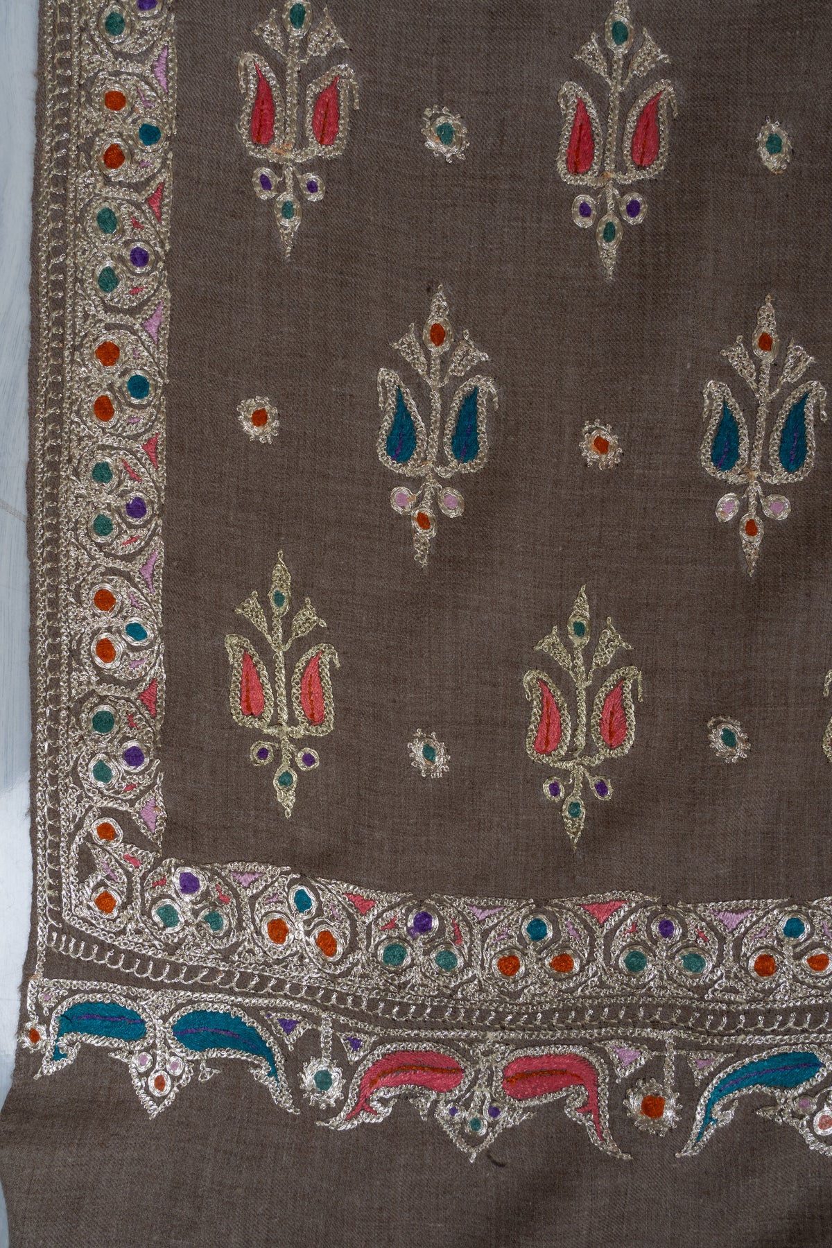 Pure Pashmina Hand Tilla plus Sozni Hand Embroidered 2.5 Yards Shawl: Earthy Blossom Serenity