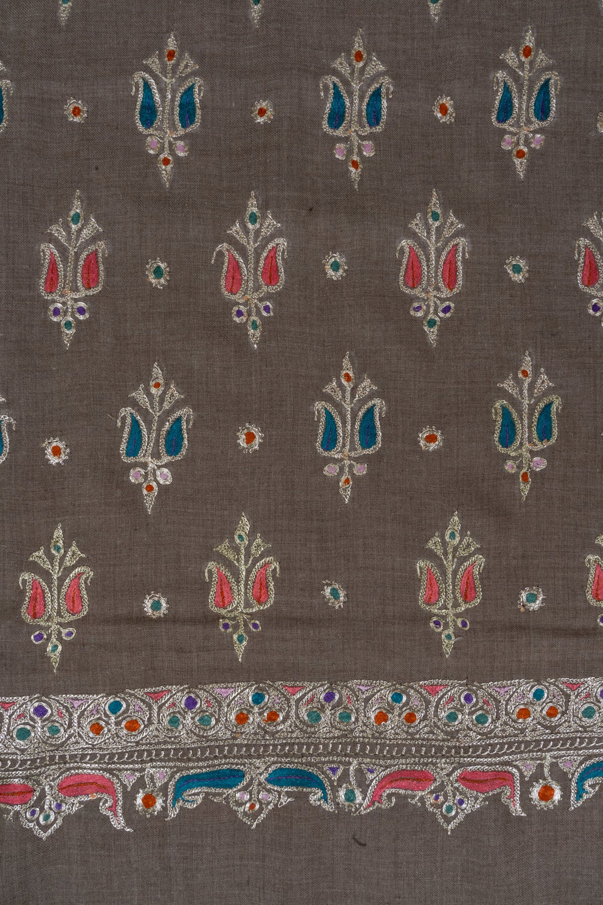 Pure Pashmina Hand Tilla plus Sozni Hand Embroidered 2.5 Yards Shawl: Earthy Blossom Serenity