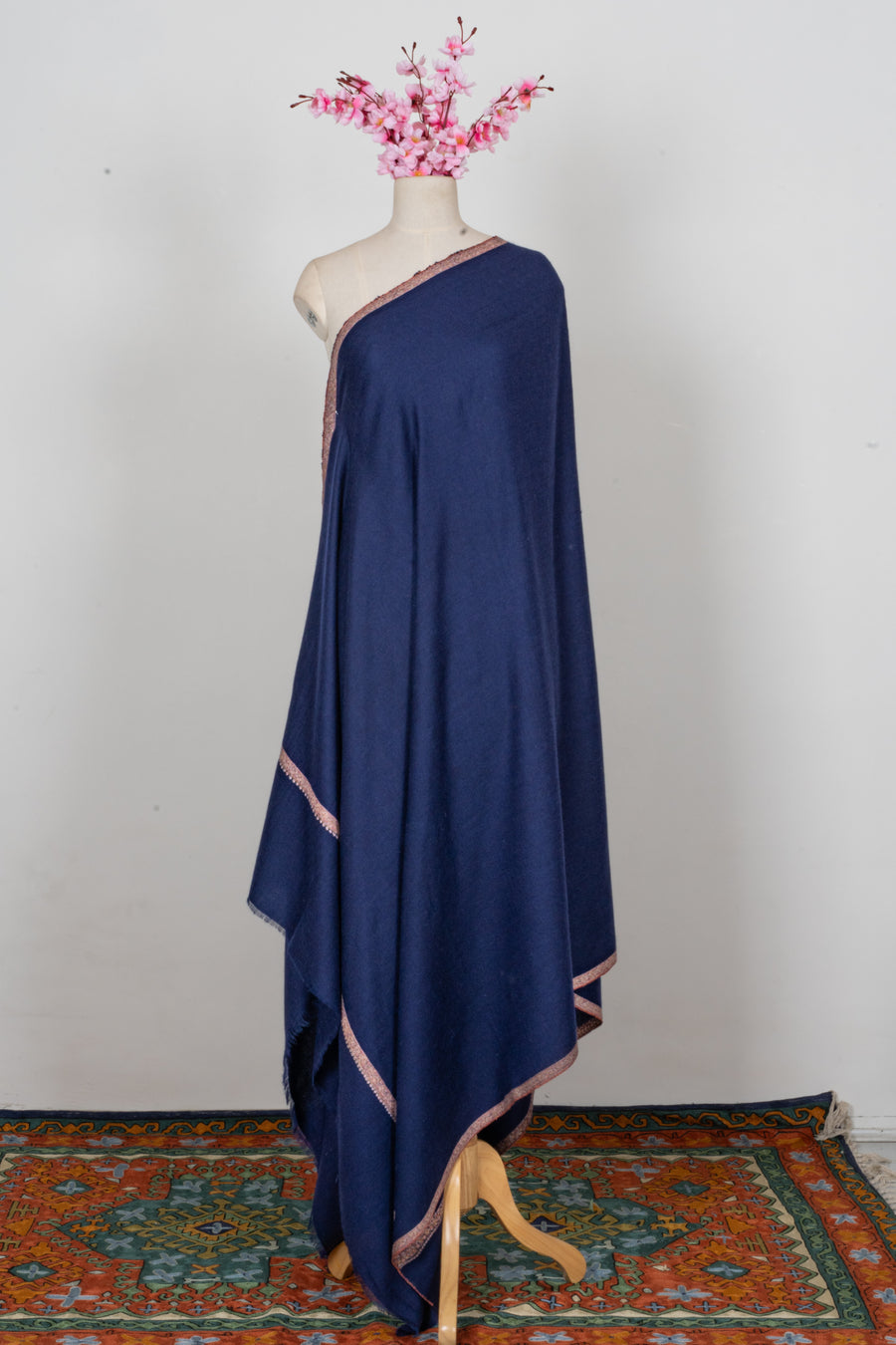 Midnight Sapphire Minimal Grace: Pure Pashmina Sozni Hand Embroidered 2.5 Yards Shawl