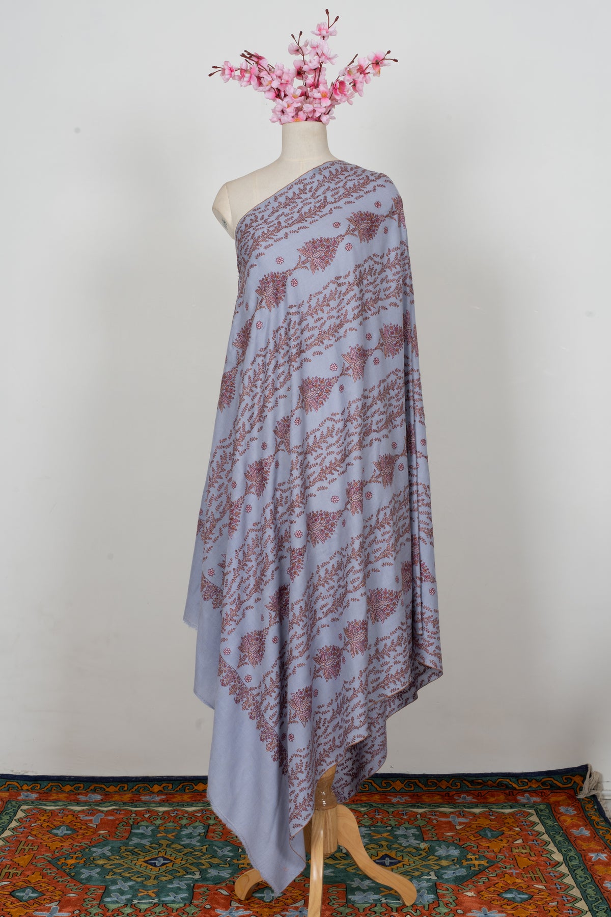 Pure Pashmina Sozni Hand Embroidered 2.5 Yards Shawl: Frosted Blossom Harmony