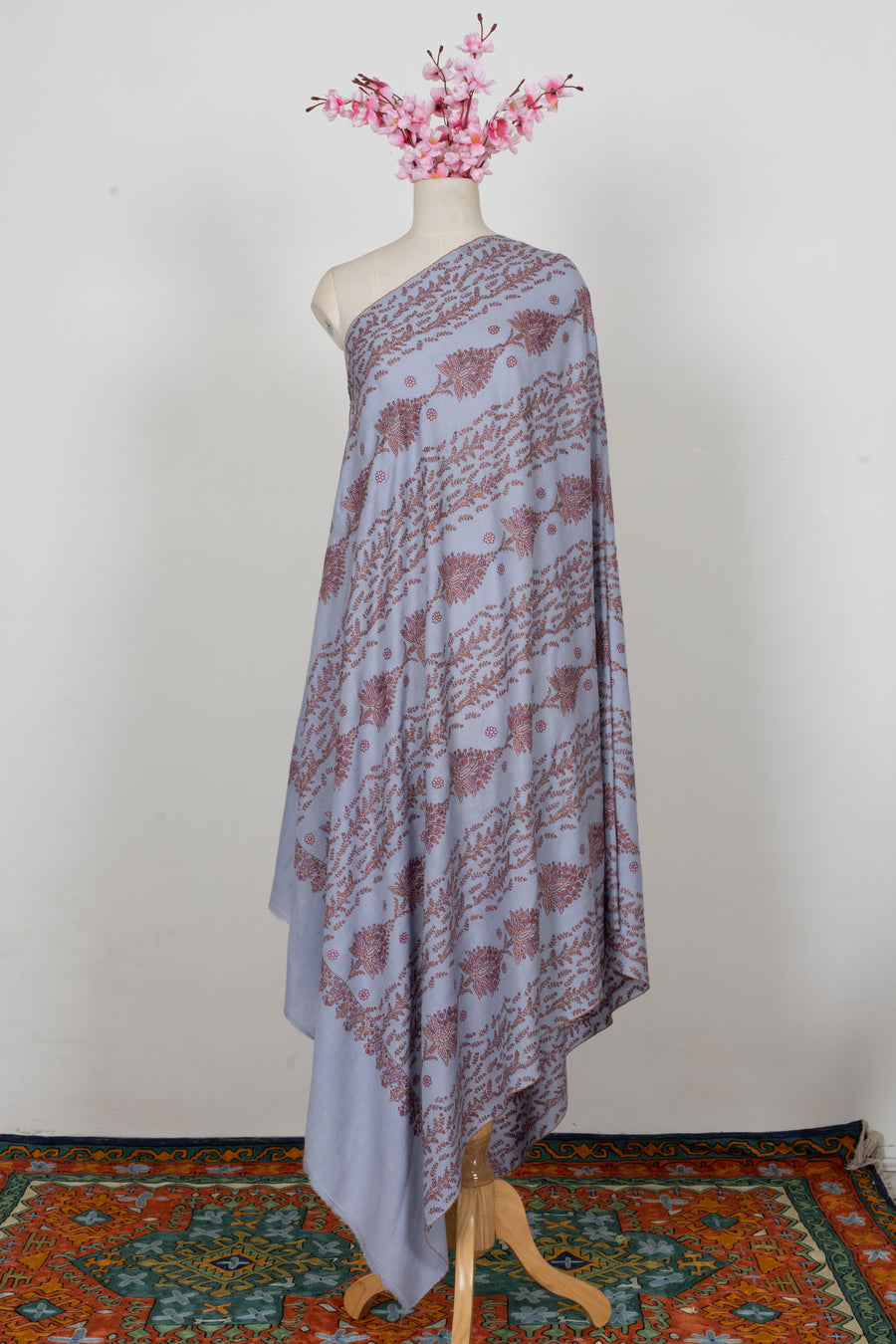 Pure Pashmina Sozni Hand Embroidered 2.5 Yards Shawl: Frosted Blossom Harmony