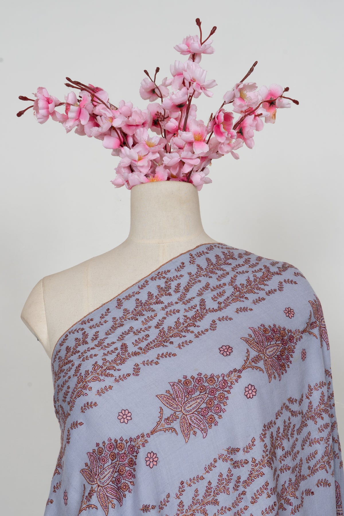 Pure Pashmina Sozni Hand Embroidered 2.5 Yards Shawl: Frosted Blossom Harmony