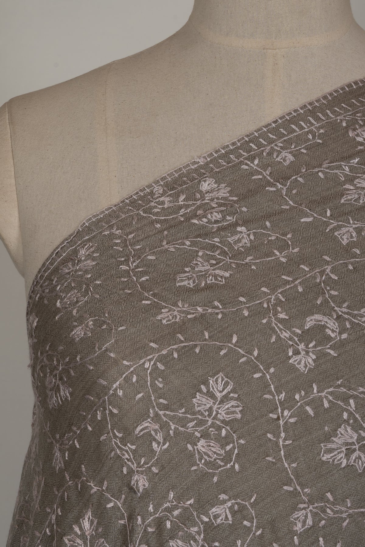 Misty Taupe Floral Veil: Fine Merino Wool Sozni Hand Embroidered 2.5 Yards Shawl