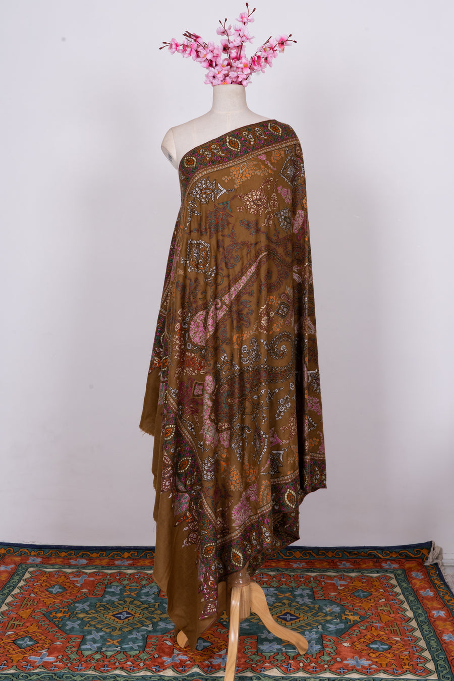 Heritage Amber Garden: Pure Pashmina Sozni Hand Embroidered 2.5 Yards Shawl