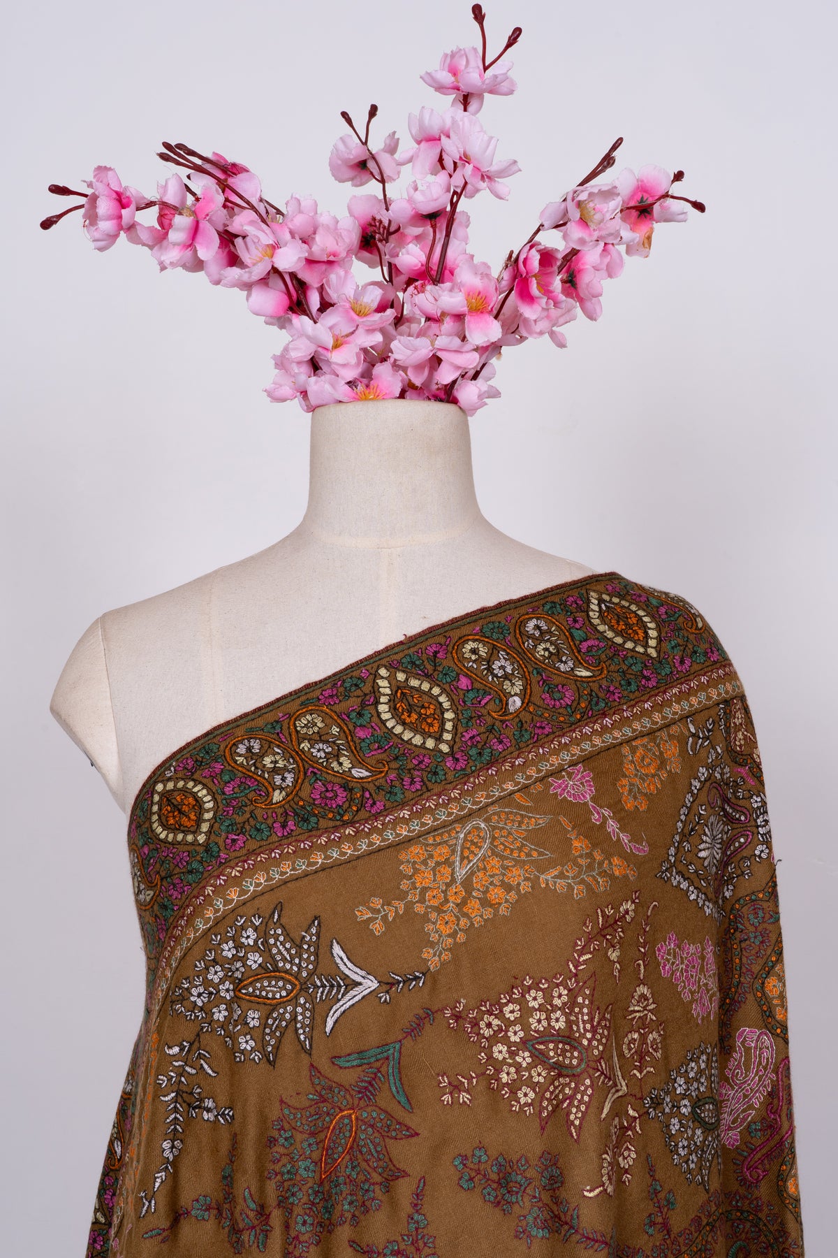 Heritage Amber Garden: Pure Pashmina Sozni Hand Embroidered 2.5 Yards Shawl