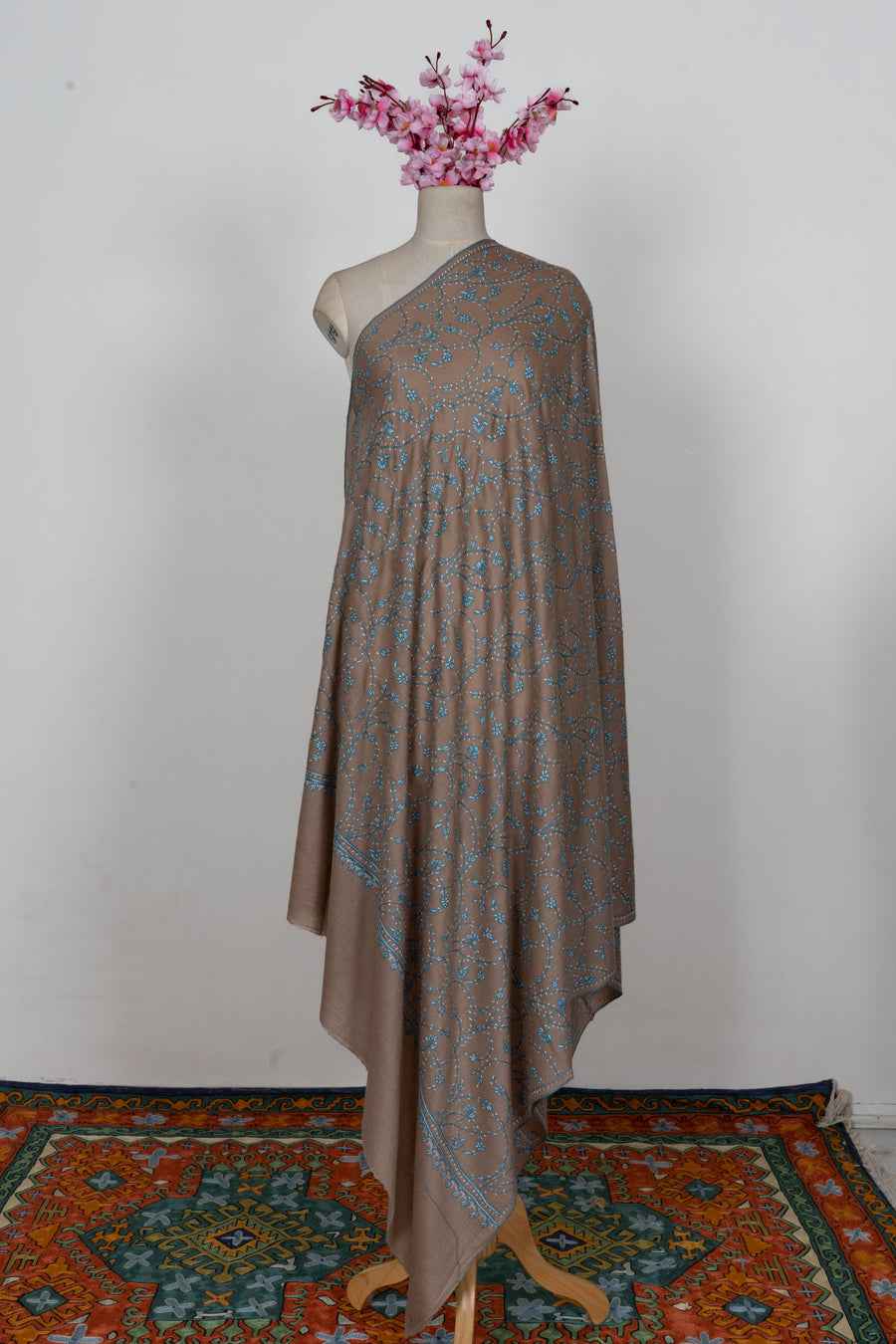 Desert Bloom Azure Vine: Fine Merino Wool Sozni Hand Embroidered 2.5 Yards Shawl