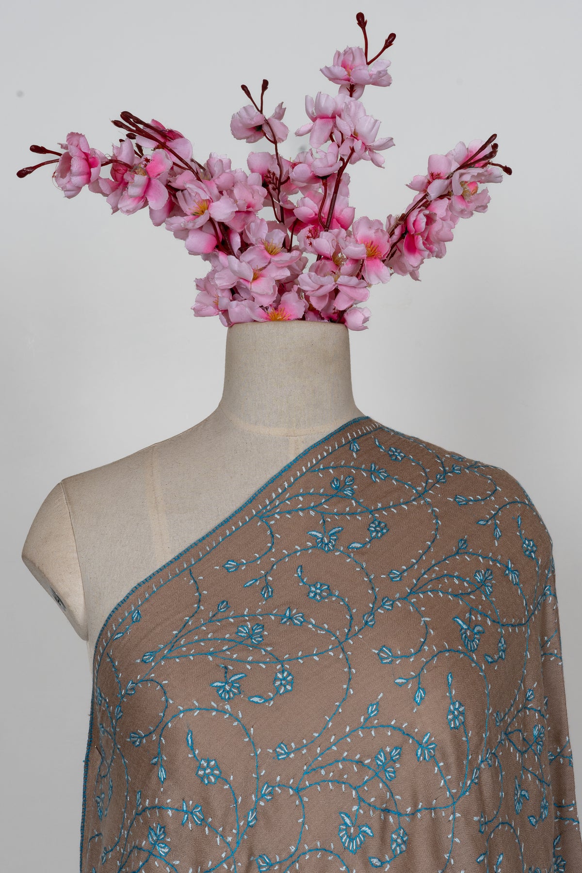 Desert Bloom Azure Vine: Fine Merino Wool Sozni Hand Embroidered 2.5 Yards Shawl