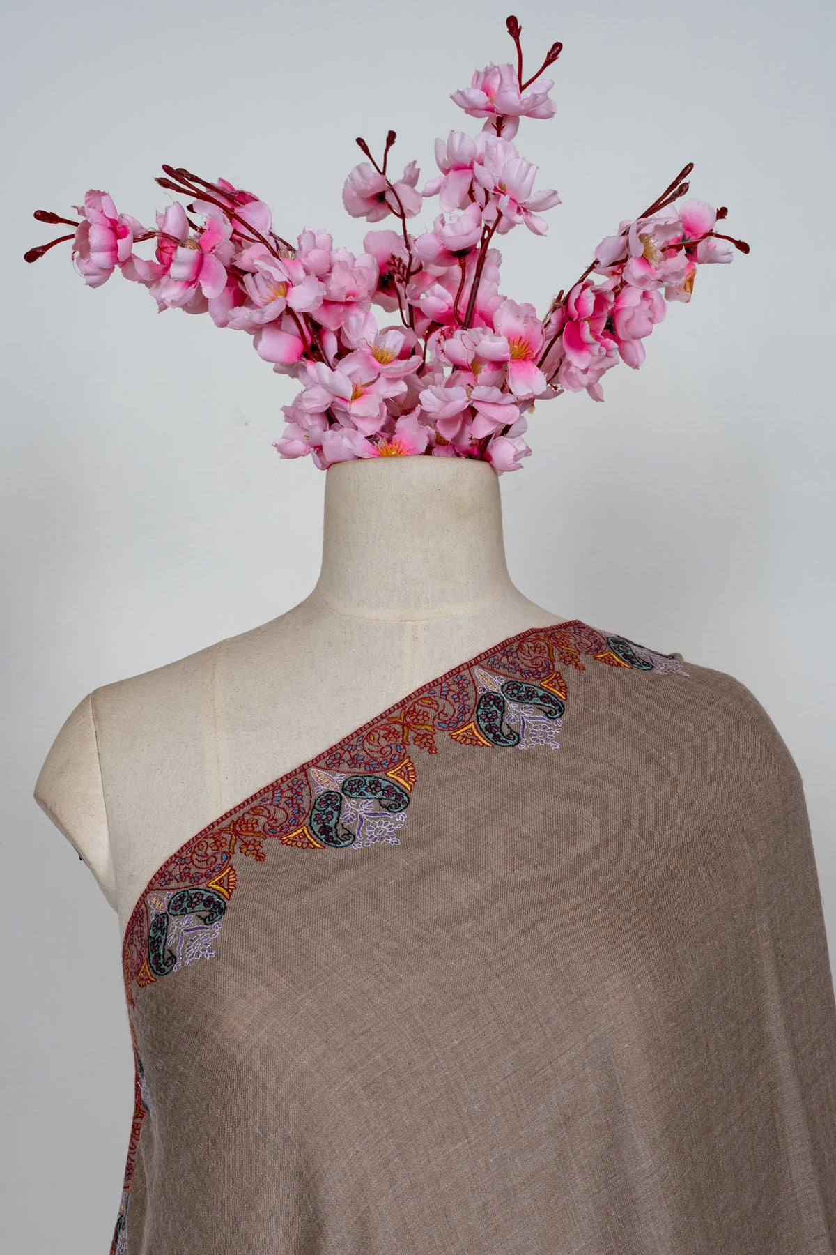 Sandstone Paisley Elegance: Pure pashmina Hand Embroidered Shawl