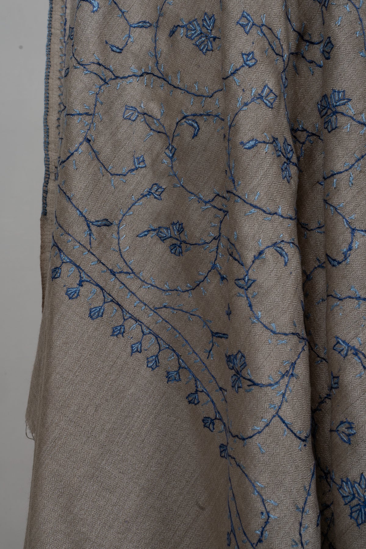 Mist Grey Floral Trail: Merino Wool Hand Embroidered 2.5 Yards Shawl