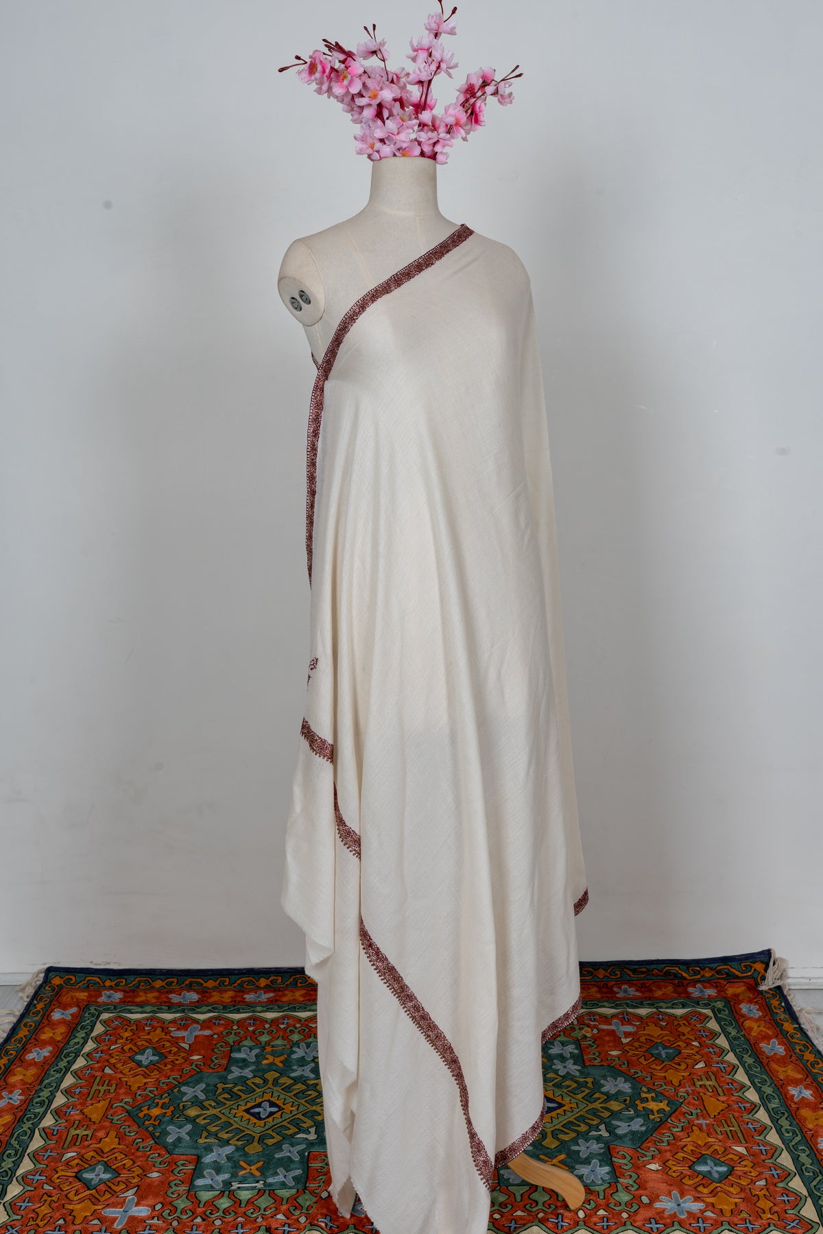 Ivory Minimal Border Grace: Merino Wool Hand Embroidered 2.5 Yards Shawl