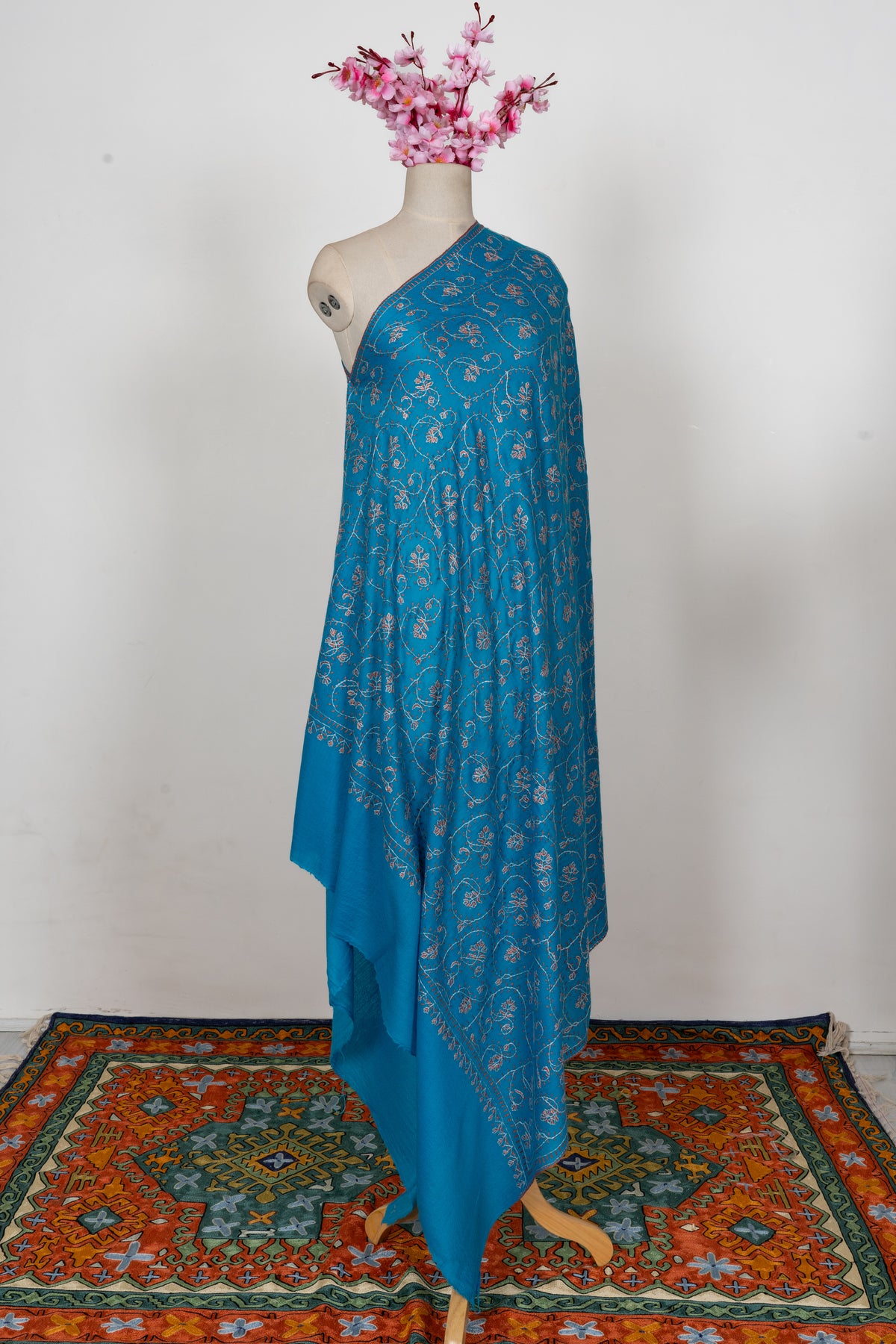 Turquoise Bloom Symphony: Merino Wool Hand Embroidered 2.5 Yards Shawl