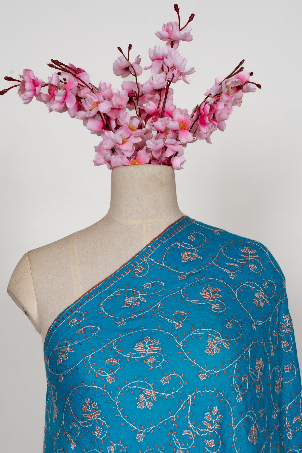Turquoise Bloom Symphony: Merino Wool Hand Embroidered 2.5 Yards Shawl
