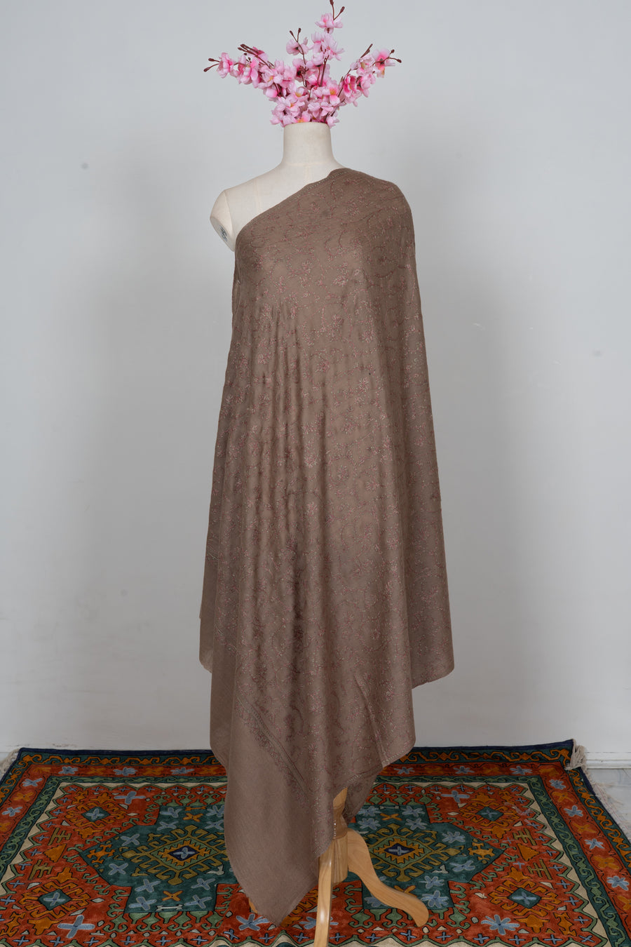 Cocoa Rose Whisper: Merino Wool Hand Embroidered 2.5 Yards Shawl