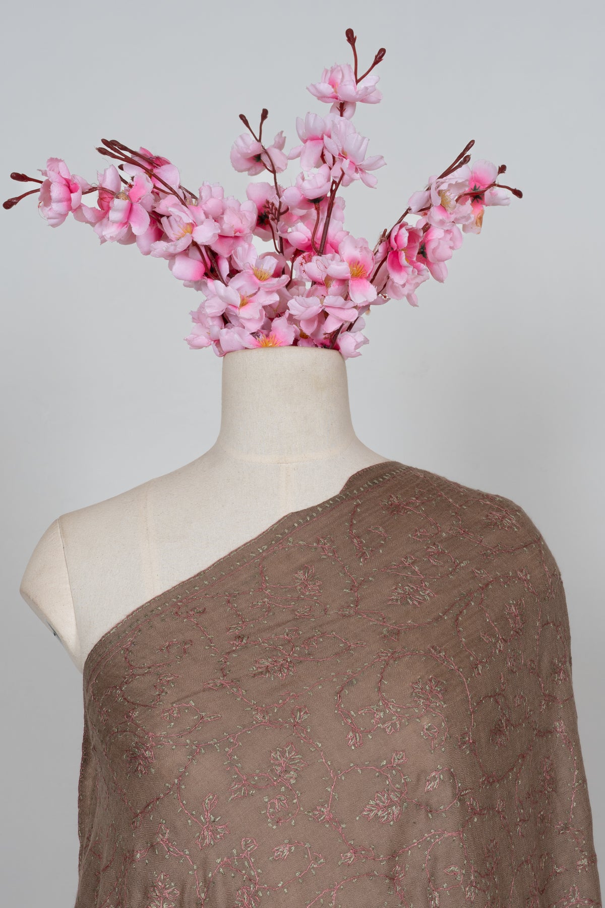 Cocoa Rose Whisper: Merino Wool Hand Embroidered 2.5 Yards Shawl
