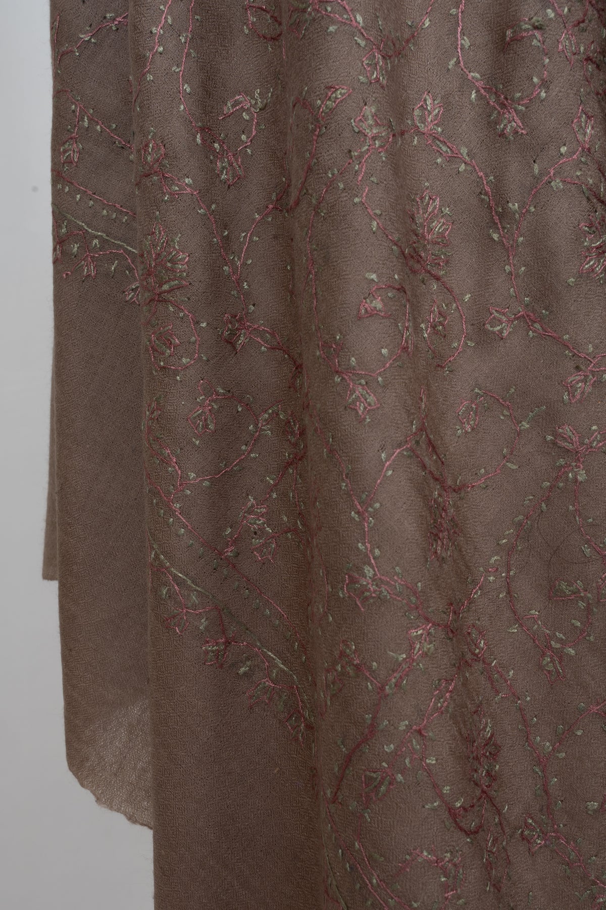 Cocoa Rose Whisper: Merino Wool Hand Embroidered 2.5 Yards Shawl
