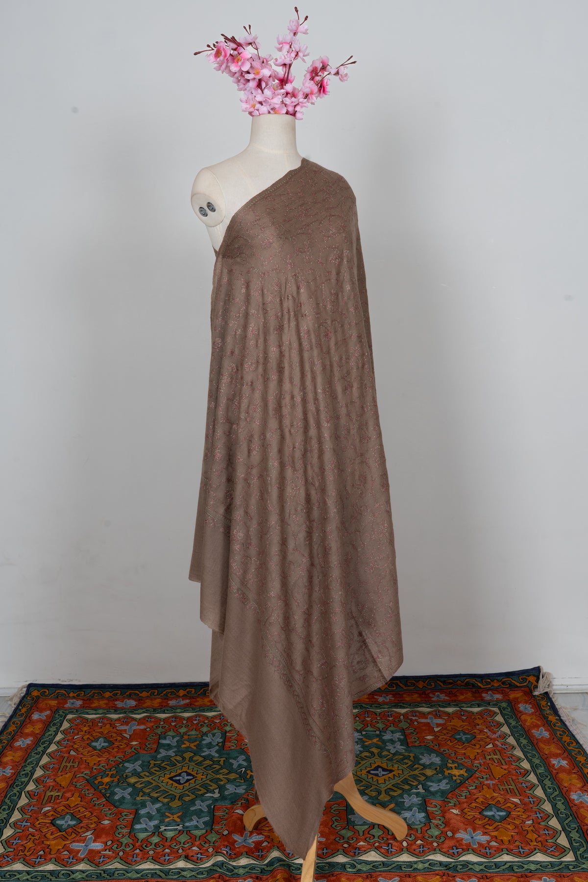 Cocoa Rose Whisper: Merino Wool Hand Embroidered 2.5 Yards Shawl