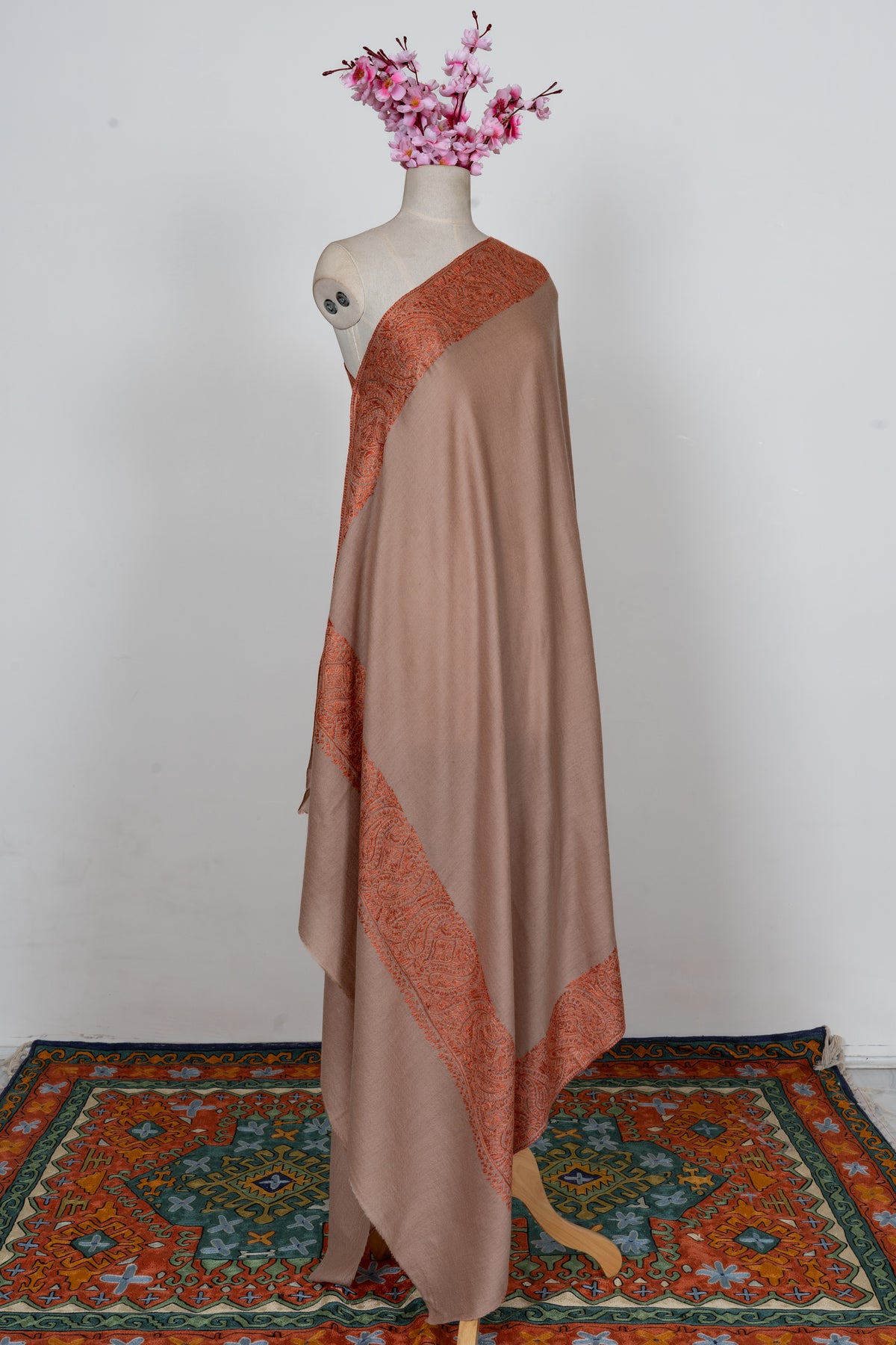 Desert Blush Paisley Edge: Merino Wool Hand Embroidered 2.5 Yards Shawl