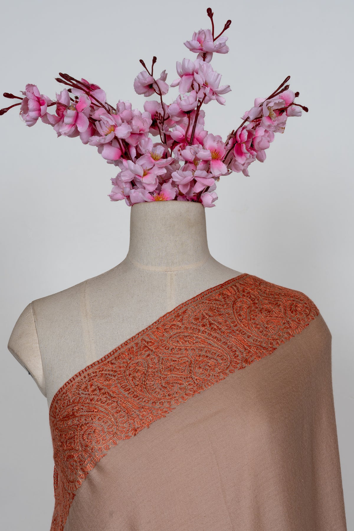 Desert Blush Paisley Edge: Merino Wool Hand Embroidered 2.5 Yards Shawl