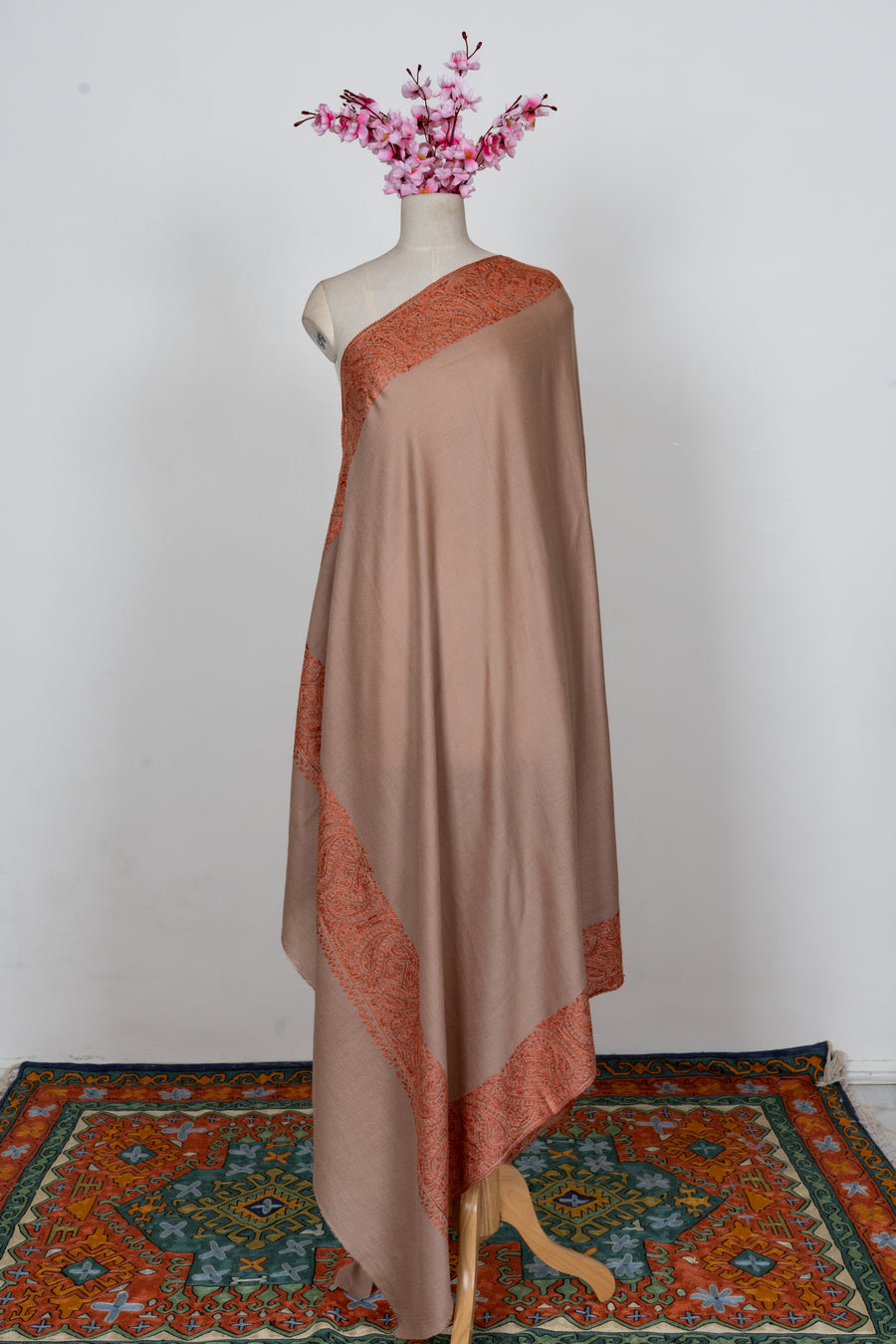 Desert Blush Paisley Edge: Merino Wool Hand Embroidered 2.5 Yards Shawl