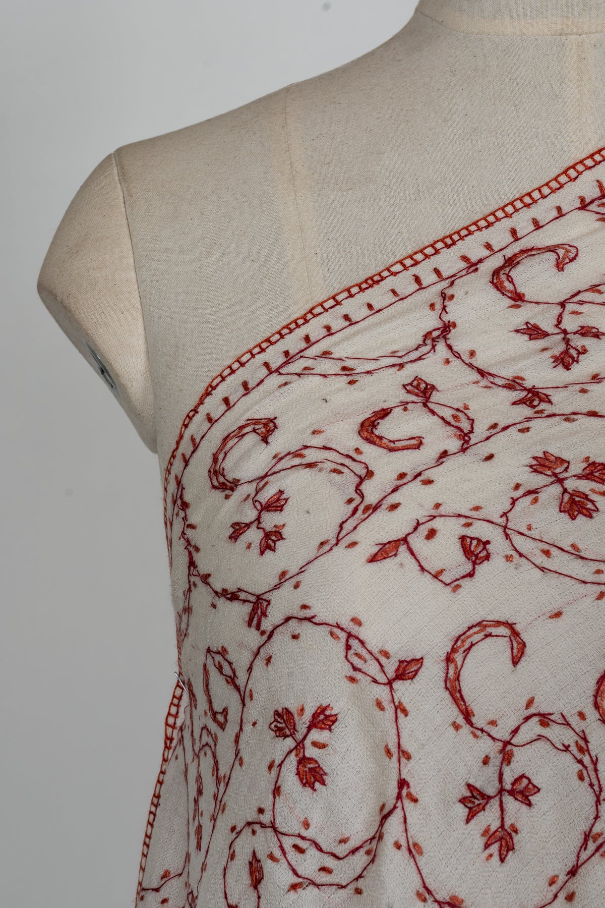 Ivory Scarlet Vine Grace: Merino Wool Hand Embroidered 2.5 Yards Shawl