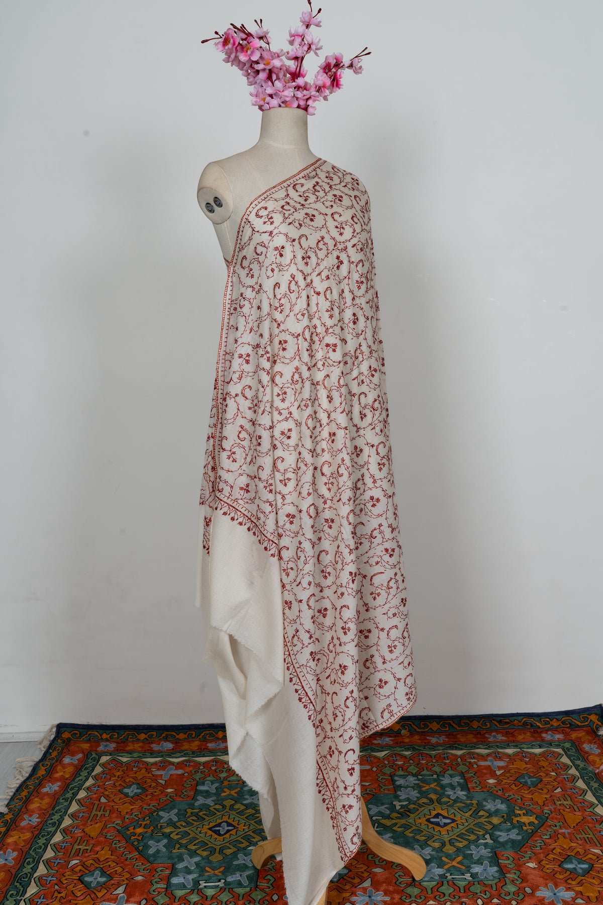 Ivory Scarlet Vine Grace: Merino Wool Hand Embroidered 2.5 Yards Shawl