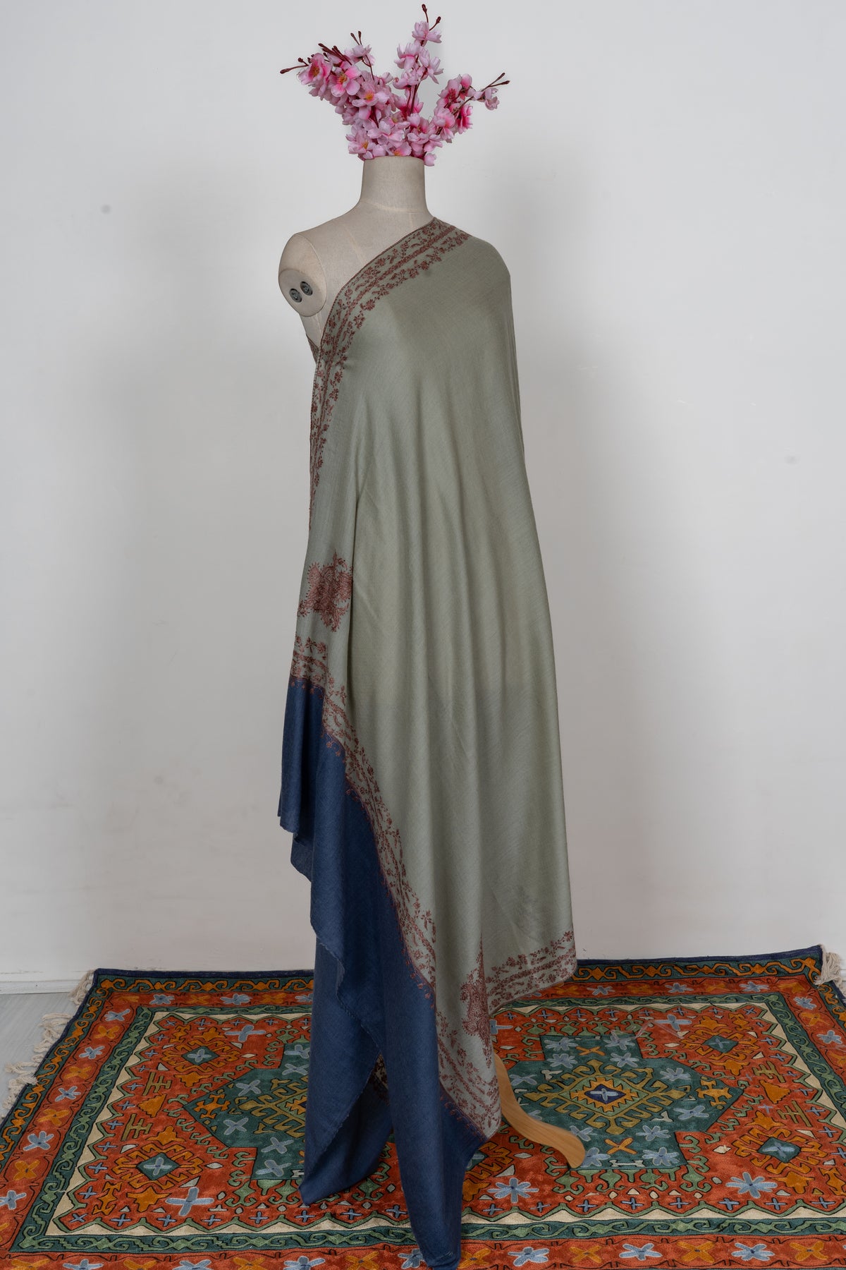 Sage Meadow Dual Tone: Merino Wool Hand Embroidered 2.5 Yards Shawl