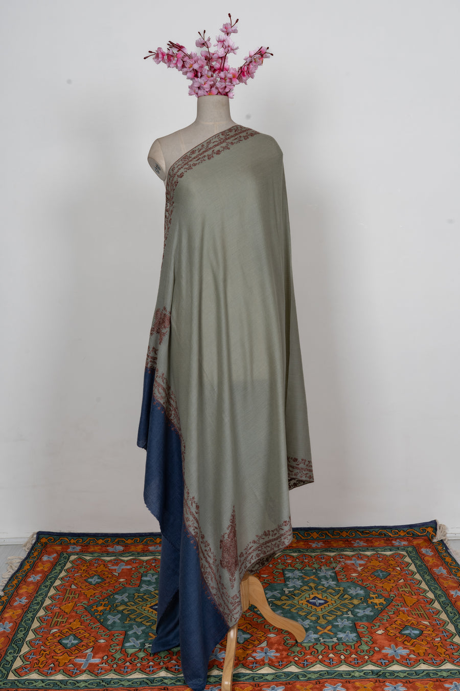 Sage Meadow Dual Tone: Merino Wool Hand Embroidered 2.5 Yards Shawl