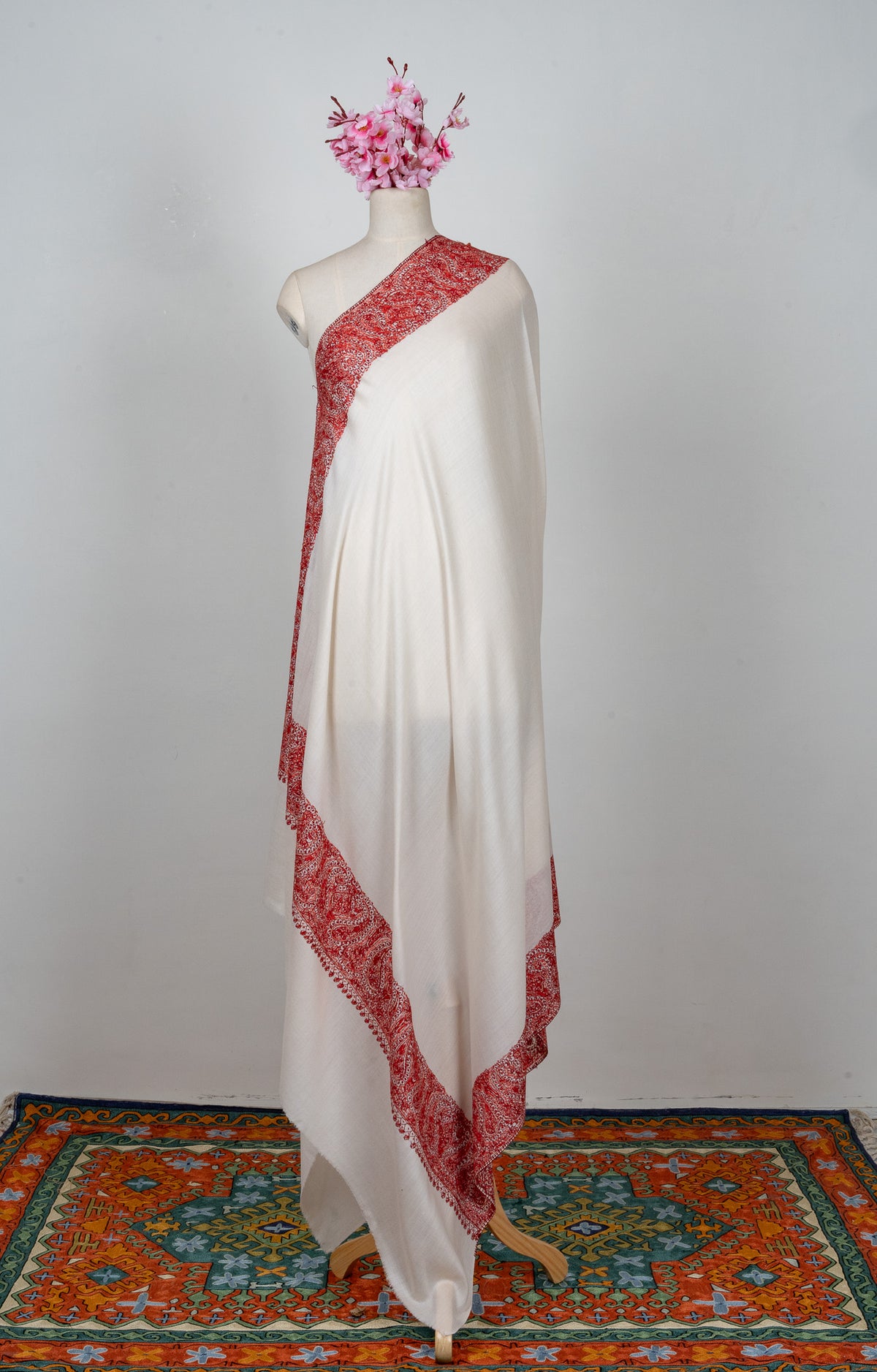 2.5 Yards Sozni Hand Embroidered Shawl in Ivory with Crimson Heritage Border