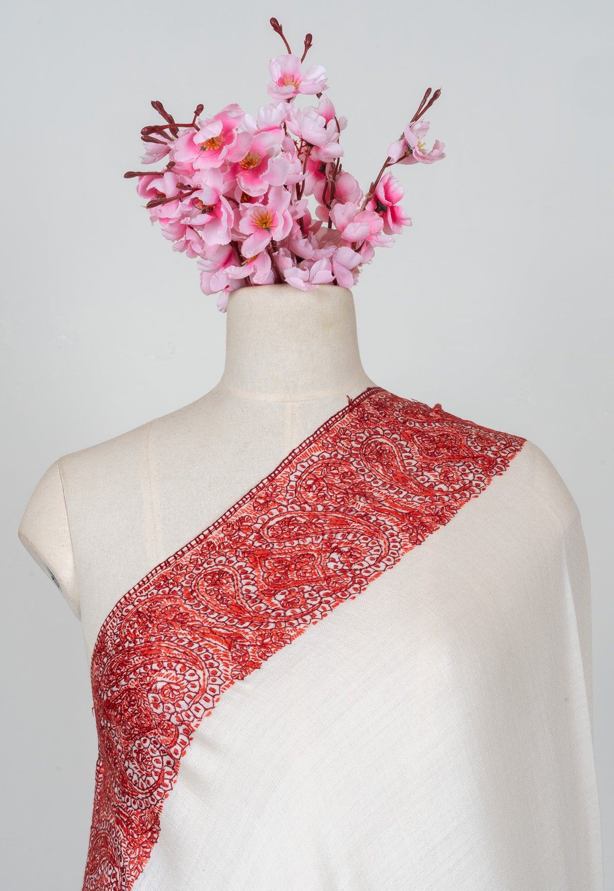 2.5 Yards Sozni Hand Embroidered Shawl in Ivory with Crimson Heritage Border