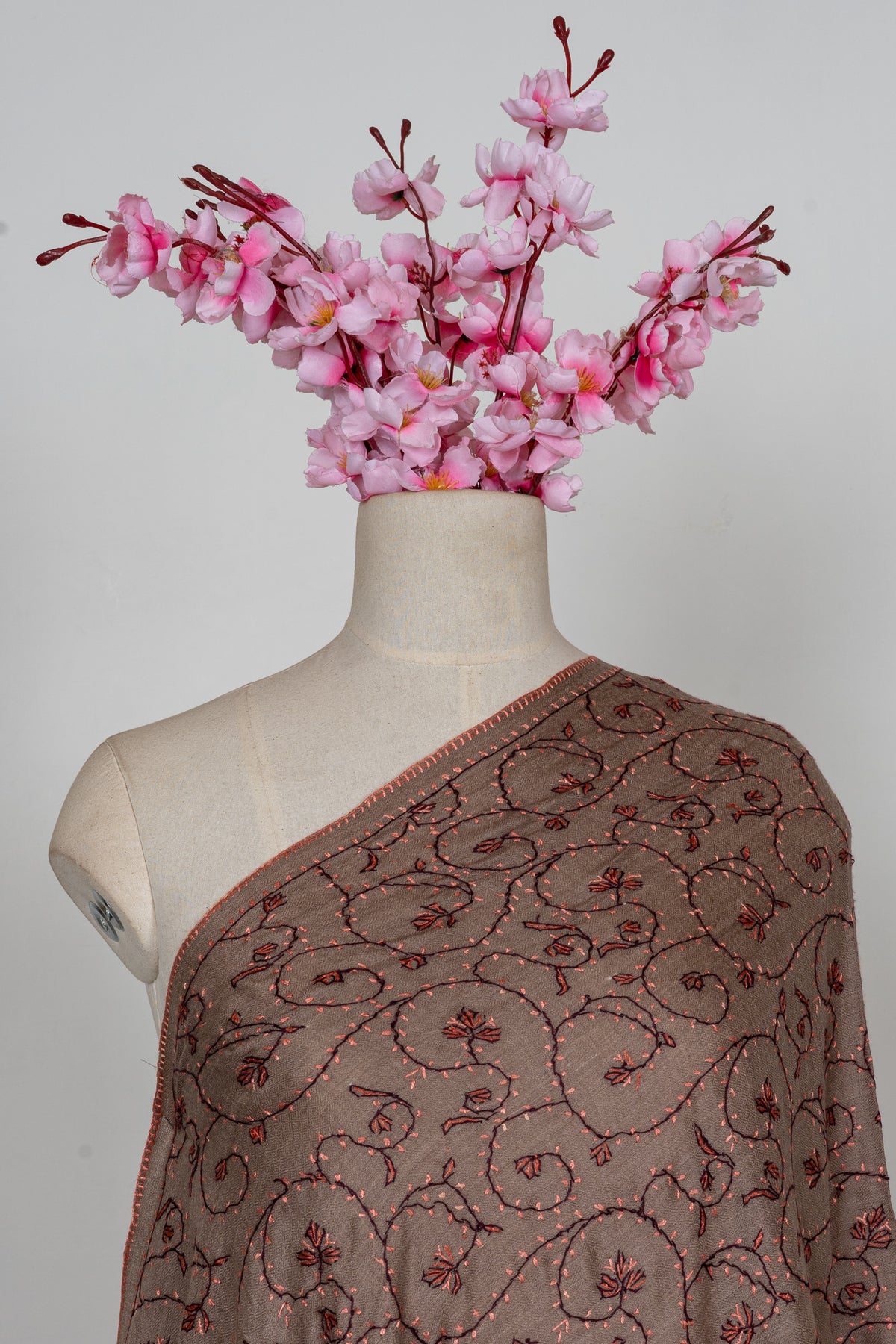 Cocoa Vine Elegance: Merino Wool Hand Embroidered 2.5 Yards Shawl