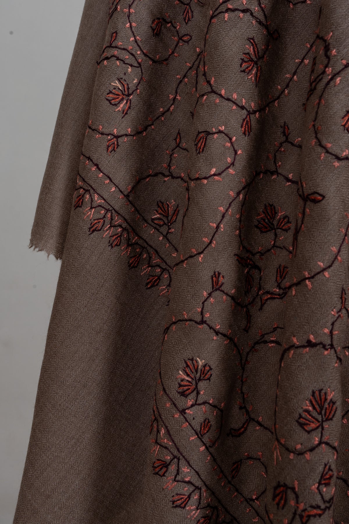 Cocoa Vine Elegance: Merino Wool Hand Embroidered 2.5 Yards Shawl