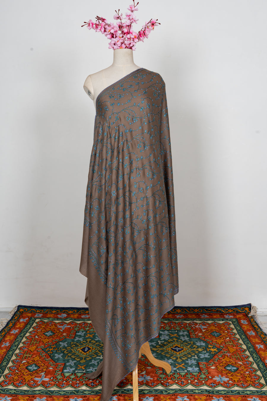 Mocha Teal Floral Symphony: Merino Wool Hand Embroidered 2.5 Yards Shawl