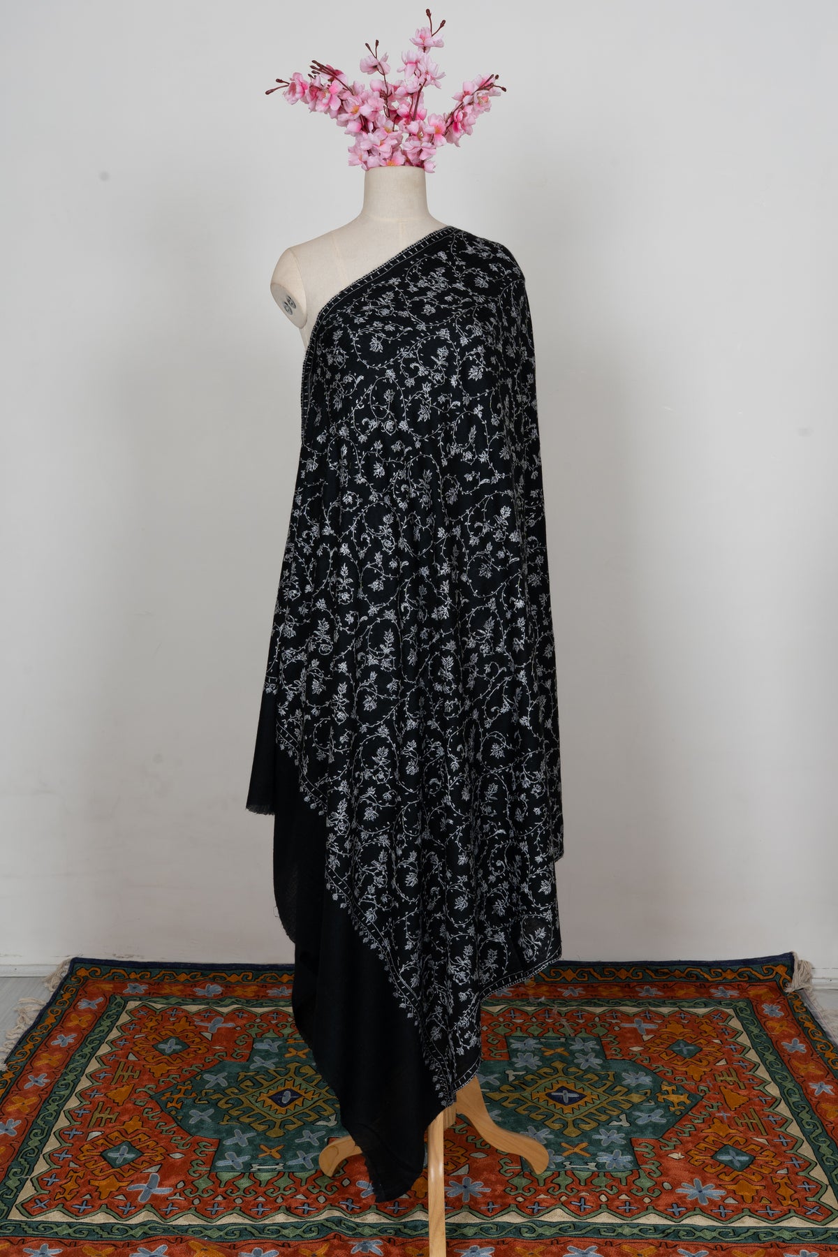 Noir Ivory Floral Weave: Merino Wool Hand Embroidered 2.5 Yards Shawl