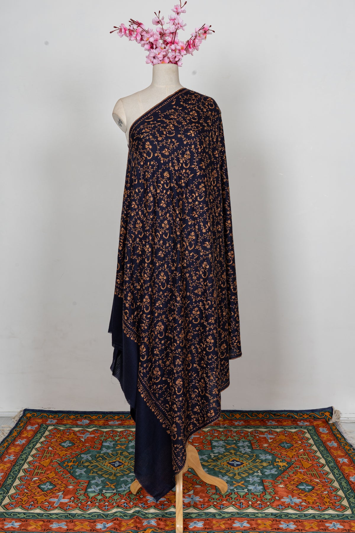 Midnight Gold Vine Royale: Merino Wool Hand Embroidered 2.5 Yards Shawl