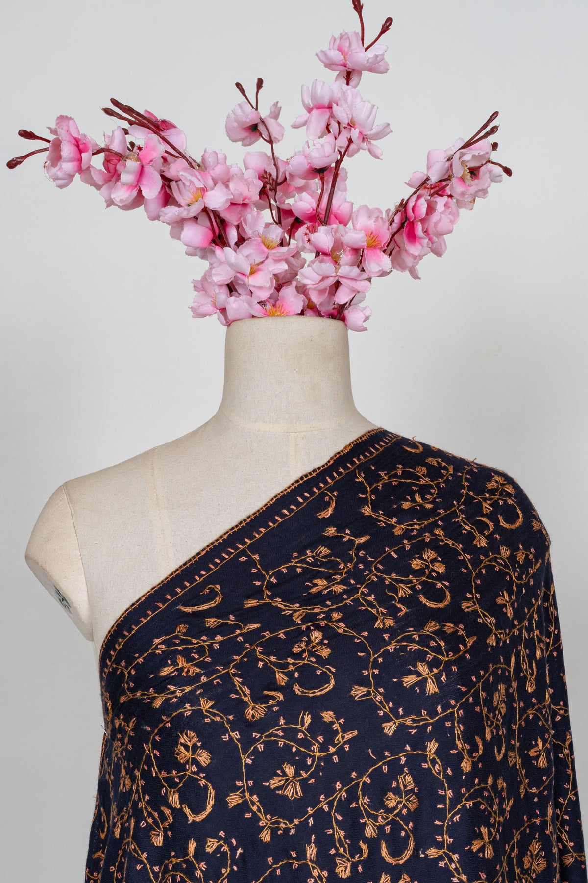 Midnight Gold Vine Royale: Merino Wool Hand Embroidered 2.5 Yards Shawl