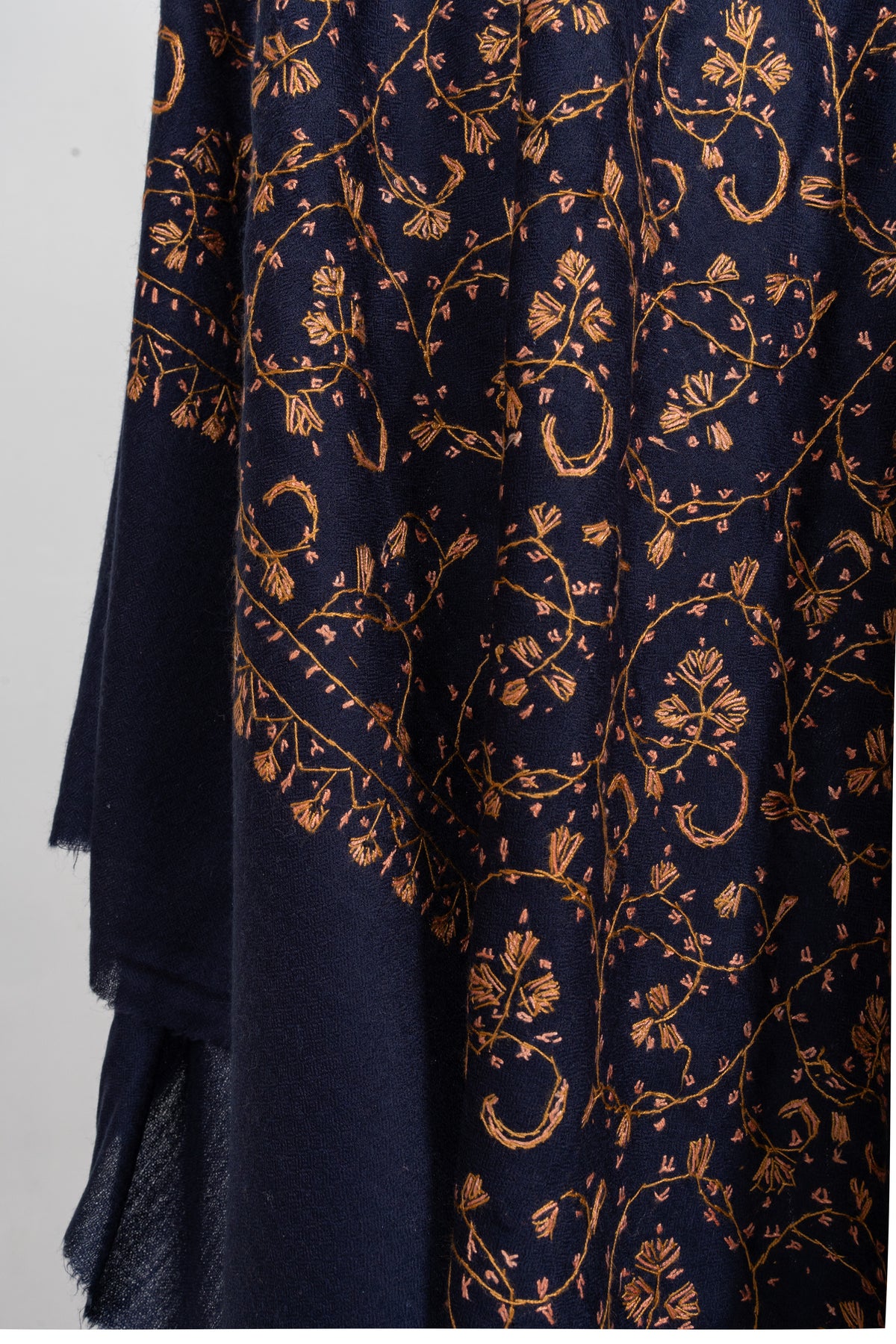 Midnight Gold Vine Royale: Merino Wool Hand Embroidered 2.5 Yards Shawl